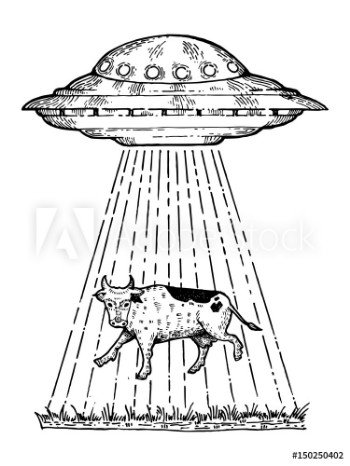 Bild på UFO kidnaps the cow engraving style vector